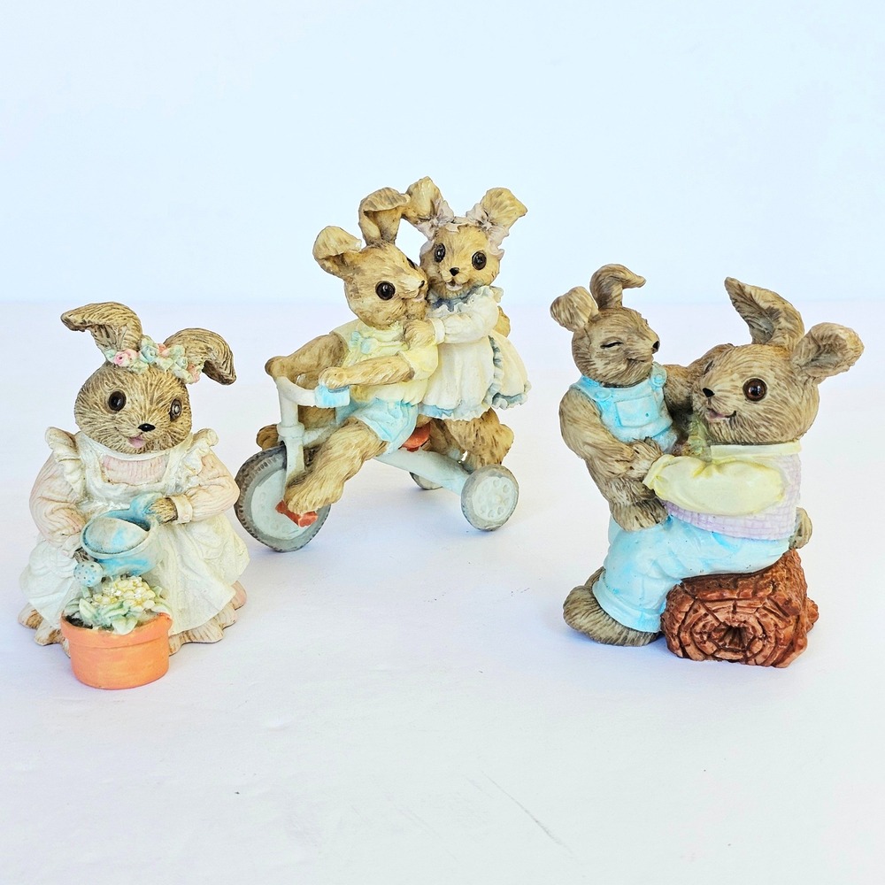Vintage Mervyn's Resin Bunny Rabbit Figurines Easter Spring Decor Tricycle Set 3